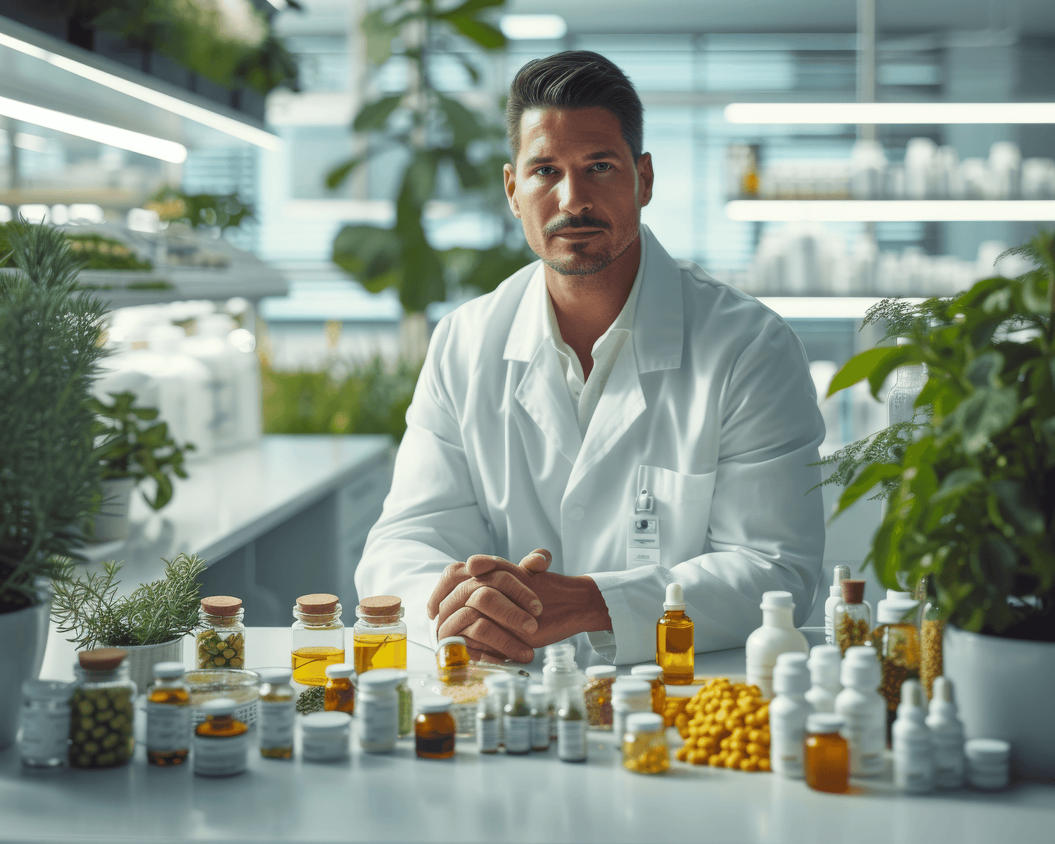 Image of a lab technician in front of bottles of pills