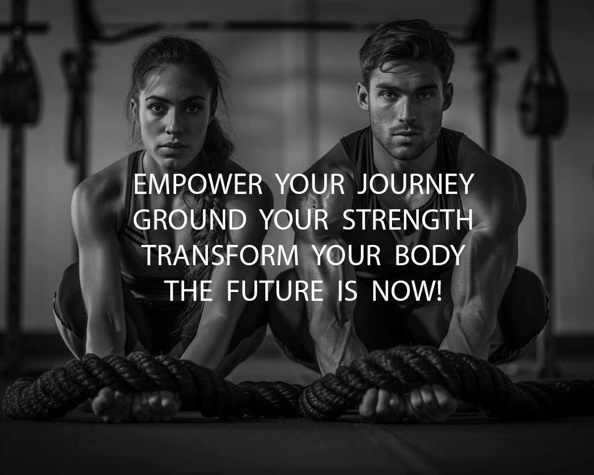 Image with trainers and text EMPOWER YOUR JOURNEY, GROUND YOUR STRENGTH, TRANSFORM YOUR BODY, THE FUTURE IS NOW