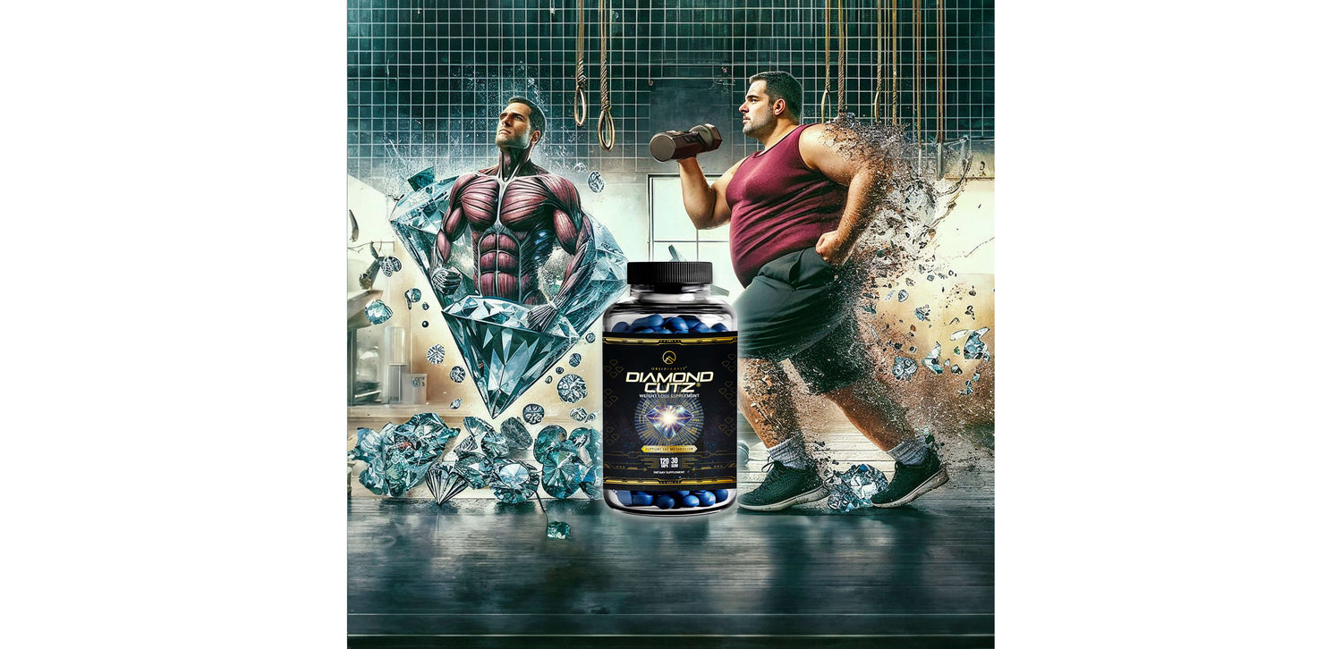 Image of men working out surrounded by diamonds and product